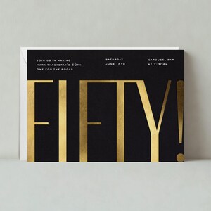 Plantilla de invitación para fiesta de cumpleaños importante / Negrita y tipográfica / Negro, dorado, 50 / Descarga instantánea, personalizable / Publicación sin papel