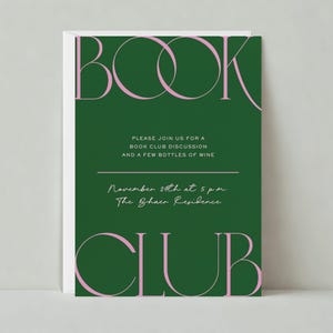 Plantilla de invitación a fiesta de club de lectura personalizable sin papel / Audaz y tipográfica / Moderna, tipografía, verde, rosa / Descarga instantánea