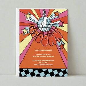 Papierloze post aanpasbare sjabloon voor kinderverjaardagsfeestje | Disco, jaren 70 verjaardagsfeestje voor kinderen, cartoon, oranje | Direct downloaden