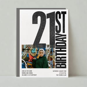 Plantilla de invitación para fiesta de cumpleaños personalizable sin papel / Negrita y tipográfica / Foto, números, 21 / Descarga instantánea