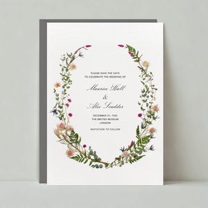 Papierloze post aanpasbare bruiloft-save-the-date-sjabloon | Illustratief | Groene krans, krans met wilde bloemen | Direct downloaden