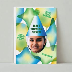 Paperless Post Anpassbare Kinder-Geburtstags-Party Einladung Vorlage | Grün, Gelb, Blau, Ballon und Konfetti, Foto | Sofort Download