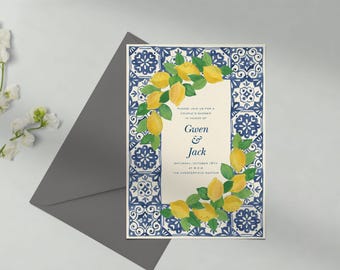 May include: A blue and white patterned invitation with a lemon branch border. The invitation is for a couple's shower in honor of Gwen & Jack. The event is scheduled for Saturday, October 18th at 4:00 PM at The Chesterfield Manor.