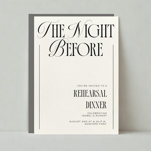Puede incluir: Una tarjeta de invitación blanca con texto negro que dice "The Night Before" y "You're invited to a Rehearsal Dinner Celebrating Isobel & Rupert August 2nd at 6:30 PM. Gosford Park."