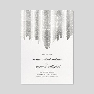 Op de afbeelding: Een zilveren glitter save the date kaart met de tekst "SAVE THE DATE" en de namen "rence saint-méran en gerard villefort" met de datum "DECEMBER 3, 1845" en de locatie "MARSEILLE".