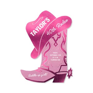 Modèle personnalisable d'invitation de fête d'anniversaire de Zazzle.be Liste d'envies Vous avez des idées ? Graphique | Rose vif, bottines de cowboy, western | Téléchargement instantané