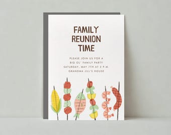 Paperless Post Customizable Family Reunion Party Invitation Template | Corn, Skewer, Olives, Fish, Hot Dogs, Kebabs | Instant Download