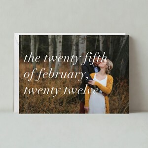 Plantilla personalizable para guardar la fecha de boda / Diseño tipográfico audaz, simple y minimalista / Serif, con foto / Descarga instantánea