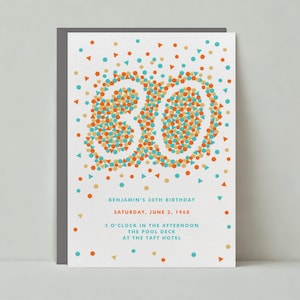 Uitnodiging verjaardagsfeestje mijlpaal | Pret, feest, feest, vormen, oranje, blauw | Aanpasbare sjabloon papierloze post | Direct downloaden