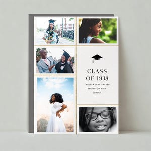 Peut inclure: Une annonce de graduation avec un collage de photos d'une jeune femme. L'annonce comprend le texte "Classe de 1938", "Chelsea Jane Thayer", "Thompson High School", et une icône de chapeau de graduation noir.