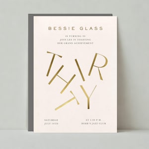 Plantilla de invitación personalizable para fiesta de cumpleaños de hitos sin papel / Negrita y tipográfica / Oro, números, 30 / Descarga instantánea