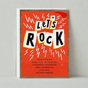 Plantilla de invitación de fiesta de cumpleaños personalizable sin papel / Audaz y tipográfica / Rocks, Let's Rock, Cool / Descarga instantánea