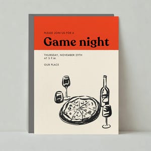 Papierloze post aanpasbare sjabloon uitnodiging game-avondfeest | Grafisch, illustratief | Pizza, pizzaparty, wijn | Direct downloaden