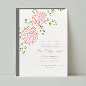 Convite para festa de nomeação de bebê e batismo | Rústico | Flores, folhas, dália rosa | Modelo personalizável para postagem sem papel | Download instantâneo