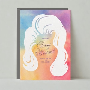 Puede incluir: Una invitación a un brunch drag con un fondo de acuarela y una silueta blanca de cabello de mujer. El texto dice "Join us for a Drag Brunch, Sábado, 15 de junio, 1 PM, Hotel Salinger."