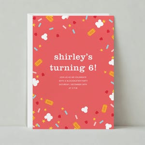 Papierloze post aanpasbare sjabloon voor kinderverjaardagsfeestje | Snoep, popcorn, kaartjes, schattig, rood, oranje, blauw | Direct downloaden