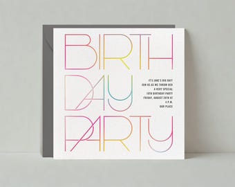 Pode incluir: Um convite colorido para uma festa de aniversário com as palavras "BIRTHDAY PARTY" em uma fonte moderna e geométrica. O texto "It's Jane's big day! Join us as we throw her a very special 10th birthday party Friday, August 28th at 4 p.m. Our place" está impresso abaixo do título.