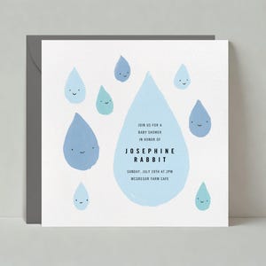 Plantilla de invitación personalizable para baby shower sin papel / Gotas de lluvia, azul, lluvia y paraguas / Descarga instantánea