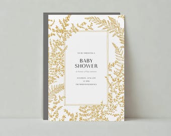 Plantilla de invitación para baby shower personalizable sin papel / Boho, rústico / Marco, borde, hojas, metálico, blanco, dorado / Descarga instantánea