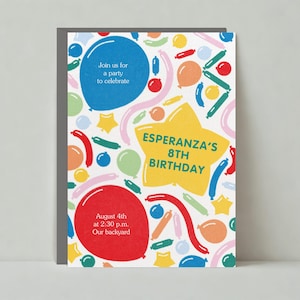 Paperless Post Anpassbare Kinder-Geburtstags-Party Einladung Vorlage | Fröhlich und lebendig | Luftballons und Konfetti | Sofort Download