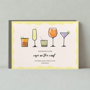 Papierloze post aanpasbare sjabloon uitnodiging cocktailparty | lijntekening, drankjes, cocktailglas, geel, crème | Direct downloaden