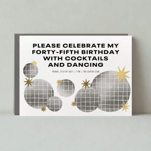 Modelo de convite de festa de aniversário personalizável sem papel | Retrô | Prata, Ouro, Disco | Download instantâneo