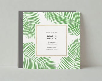 Modelo de convite para festa de despedida personalizável sem papel | Alegre e vibrante, informal | Palmeiras, folhas, verde | Download instantâneo