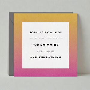 Papierloze post aanpasbare sjabloon uitnodiging poolparty | Zomers vermakelijk, kleurverloop, geel, roze | Direct downloaden