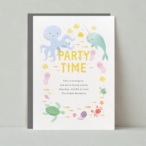 Papierloze post aanpasbare sjabloon voor kinderverjaardagsfeestje | Baby-octopus, kwal, narwal, oceaan | Direct downloaden