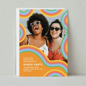 Pride Party Einladung | Rahmen, Kunst, Foto, Regenbogen, Kunst, Kurven, Kringel |Anpassbare Vorlage für papierlose Post | Sofort Download