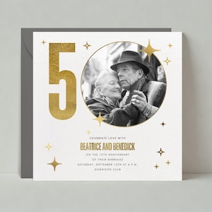 Invitación para fiesta de aniversario/Hito, foto, 50.º aniversario, celebración, metálico/publicación sin papel, plantilla personalizable/descarga instantánea