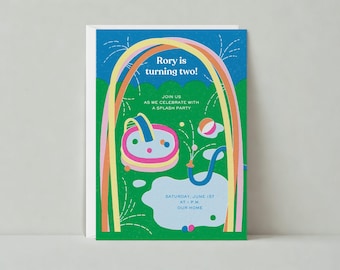 May include: A colorful invitation card with a rainbow archway and a pool with a sprinkler. The text on the card reads "Rory is turning two!" and "Join us as we celebrate with a splash party. Saturday, June 1st at 1 p.m. Our home."