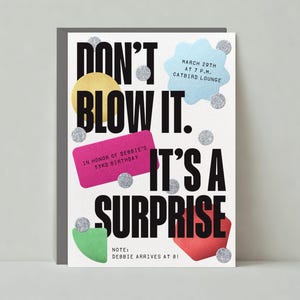 Invitación de cumpleaños sorpresa / Diseño tipográfico audaz y abstracto / Cumpleaños / Plantilla personalizable para publicación sin papel / Descarga instantánea