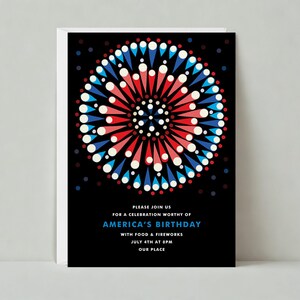 Plantilla de invitación para fiesta del 4 de julio personalizable sin papel / Brillante, EE. UU., Formas, Rayos, Blanco, Negro, Rojo / Descarga instantánea
