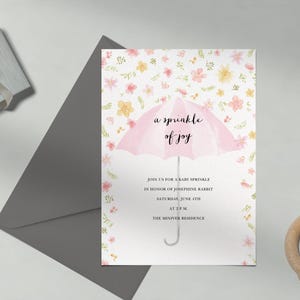 Plantilla de invitación para baby shower personalizable sin papel / Ilustrativa / Acuarela, flores, rosa, lluvia y paraguas / Descarga instantánea