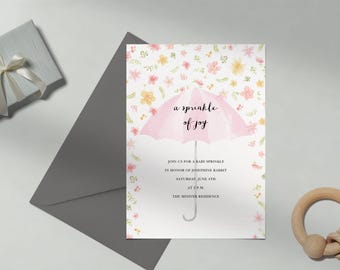 Modèle personnalisable d'invitation de fête de naissance sans papier | Illustration | Aquarelle, fleurs, rose, pluie et parapluies | Téléchargement instantané
