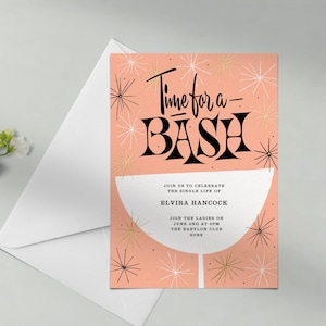 Papierloze post aanpasbare sjabloon voor de uitnodiging van het vrijgezellenfeest | Mad Men, martini, bash, jaren 50, roze, drankjes, retro | Direct downloaden