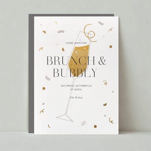 Papierloze post aanpasbare sjabloon voor de uitnodiging van de brunch | Illustratief | Mimosa's, garnituren, champagnefluit | Direct downloaden