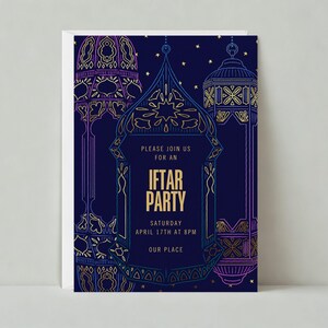 Uitnodiging voor feest Ramadan en Eid | Marokkaans, marineblauw, juweeltoon, lantaarns | Papierloze aanpasbare postsjabloon | Direct downloaden