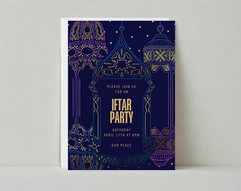 May include: An invitation card with a navy blue background and gold and purple line art of lanterns. The text reads "PLEASE JOIN US FOR AN IFTAR PARTY SATURDAY APRIL 17TH AT 8PM OUR PLACE".