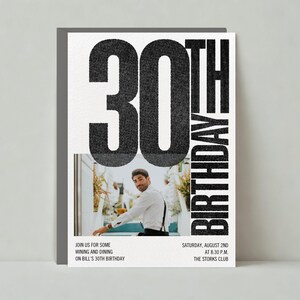 Plantilla de invitación para fiesta de cumpleaños personalizable sin papel / Negrita y tipográfica / Negro, foto / Descarga instantánea