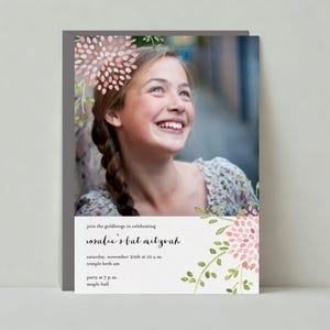 Plantilla de invitación para fiesta de Bar y Bat Mitzvah personalizable sin papel / Rústica / Tallos, pétalos, acuarela, foto / Descarga instantánea