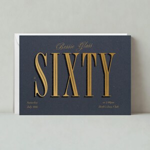 Plantilla de invitación para fiesta de cumpleaños personalizable sin papel / Negrita y tipográfica / Dorada, 60.° cumpleaños / Descarga instantánea