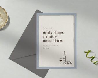 Paperless Post Customizable Dinner Party Invitation Template | Simple And Minimal, Rustic | Glass, Wine, Border, Bottle | Instant Download