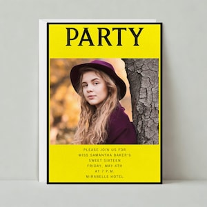 Könnte beinhalten: Eine gelbe und schwarze Partyeinladung mit einem Foto einer jungen Frau, die einen lila Hut und einen burgunderfarbenen Pullover trägt. Der Text auf der Einladung lautet "PARTY", "PLEASE JOIN US FOR MISS SAMANTHA BAKER'S SWEET SIXTEEN FRIDAY, MAY 4TH AT 7 P.M. MIRABELLE HOTEL".