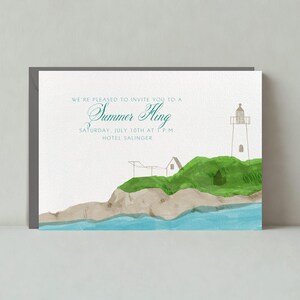 May include: Invitation to a Summer fling at Hotel Salinger on Saturday, July 10th at P.M. The invitation features a watercolor illustration of a lighthouse on a green cliff overlooking a blue ocean.