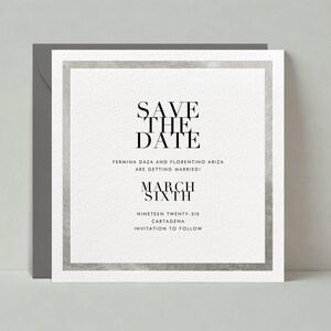 Plantilla personalizable para guardar la fecha de boda, moderna, tipográfica, con borde plateado, minimalista y sin papel, descarga instantánea.