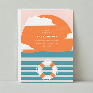 Paperless Post Anpassbare Babypartyeinladungsvorlage | Tonne, Leinen, Sonnenuntergang, Rettungsring, Segel, Meer, Orange | Sofort Download