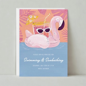 Papierloze post aanpasbare sjabloon uitnodiging poolparty | Vermakelijk zomer, zwembad, varens, drijvend, flamingo's | Direct downloaden