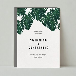 Papierloze post aanpasbare sjabloon uitnodiging zomerfeest | Varenblad, bladeren, tropisch, monstera, groen | Direct downloaden